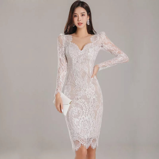 Elegant Lace V-neck Sexy Slim Sheer Sleeve Long Sleeve Bodycon Dress Spring Summer
