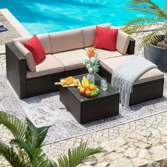 5 Piece Patio Furniture Set Wicker Outdoor Sectional Sofa Thick Cushions & Tempered Glass Table Patio Couch