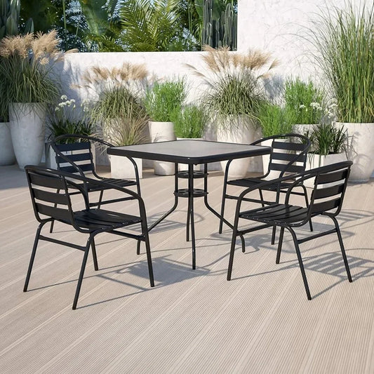 5-Piece Patio Dining Set With 31.5" Square Glass Metal Table and 4 Stackable