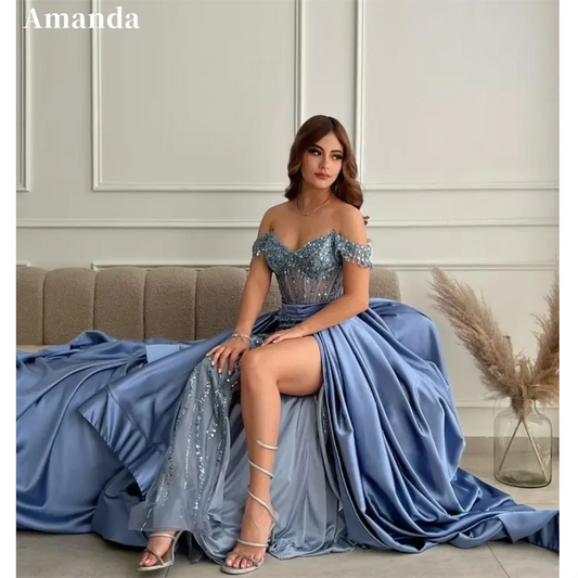 Amanda 2024 Sexy Blue Off Shoulder  Sequins Mermaid  Side Split Trumpet Evening Dress