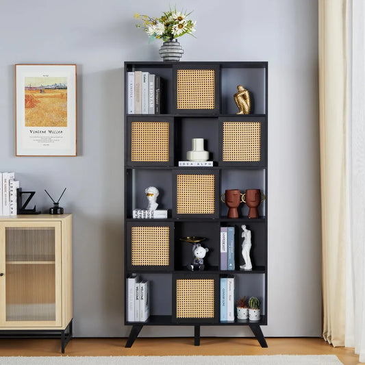 2024 New Bookshelf, Wooden 5-Shelf Bookcase, with Rattan Sliding Doors and Wooden Legs
