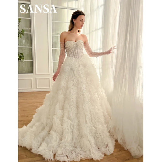 Sansa Luxury Princess  White Lace A-line Tulle Full Length Gown