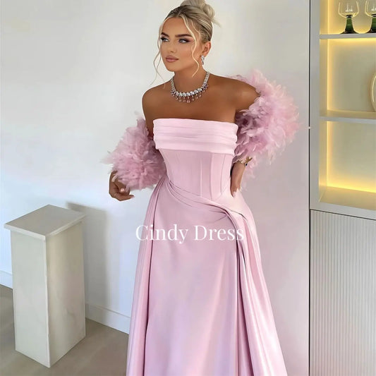 Pink Satin Off-shoulder Feather Elegant Long Dress