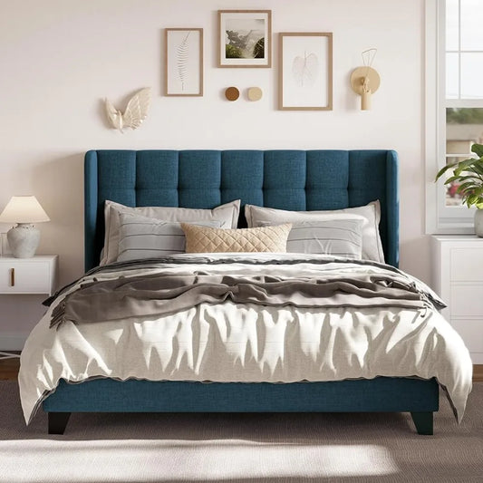 Fabric Upholstered Square Stitched Headboard and Wooden Slats Beds