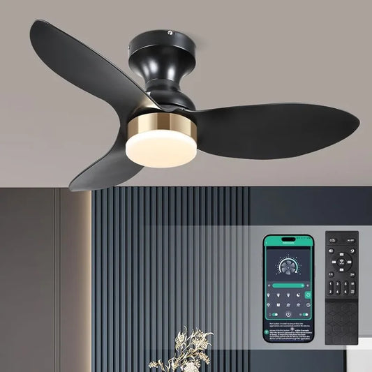 celing fan with light Low Profile Flush Mount Ceiling Fans with Lights and Remote&APP,34in Black Modern Ceiling Fans